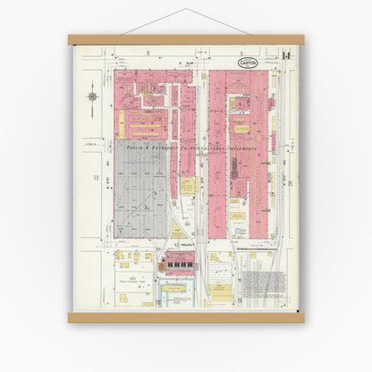 Old map wall art mockup — magnetic wood frame on white wall — Sanborn Fire Insurance Map from Canton, Fulton County, Illinois (1917), Sheet #0014