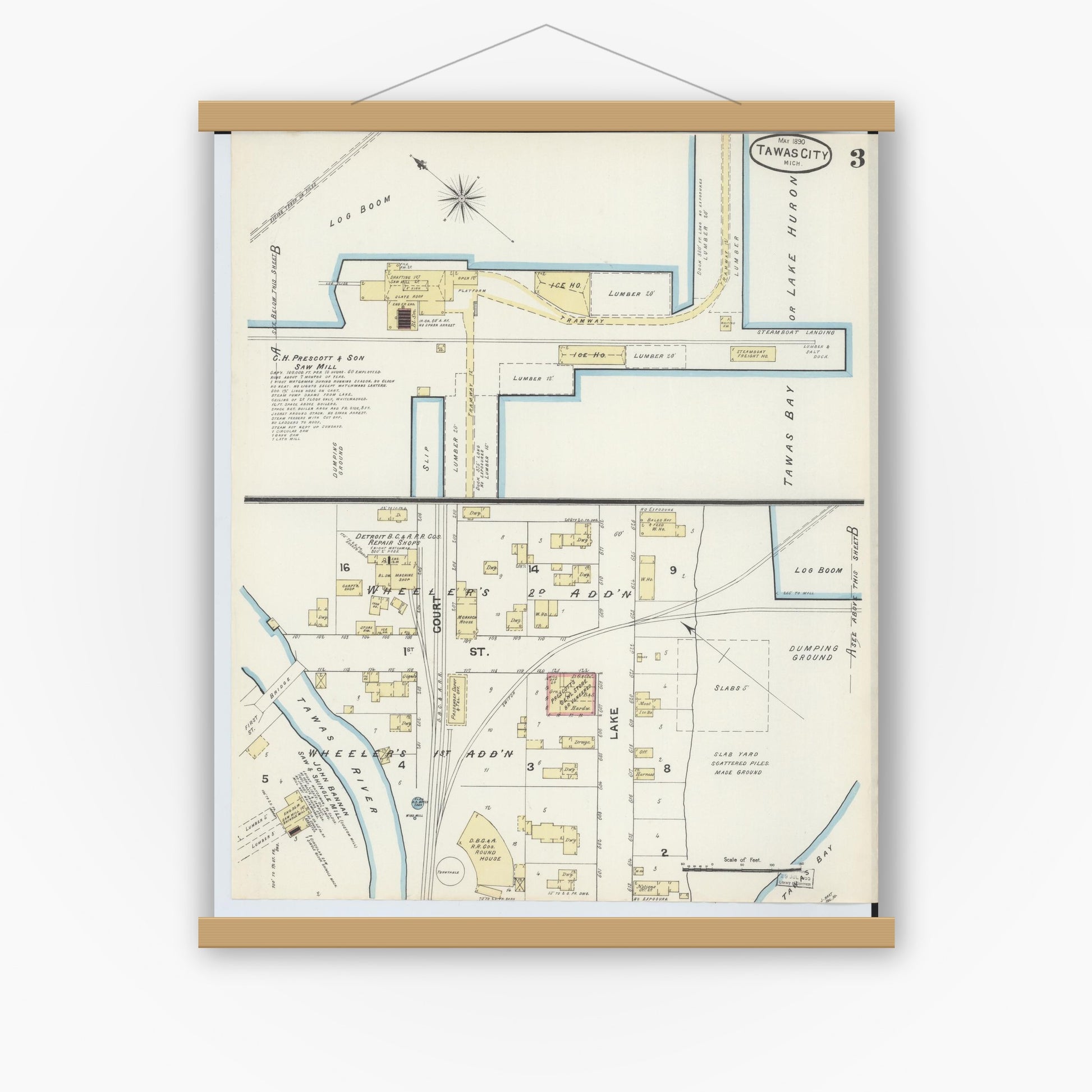 Old map wall art mockup — magnetic wood frame on white wall — Sanborn Fire Insurance Map from East Tawas, Iosco County, Michigan (1890), Sheet #0003