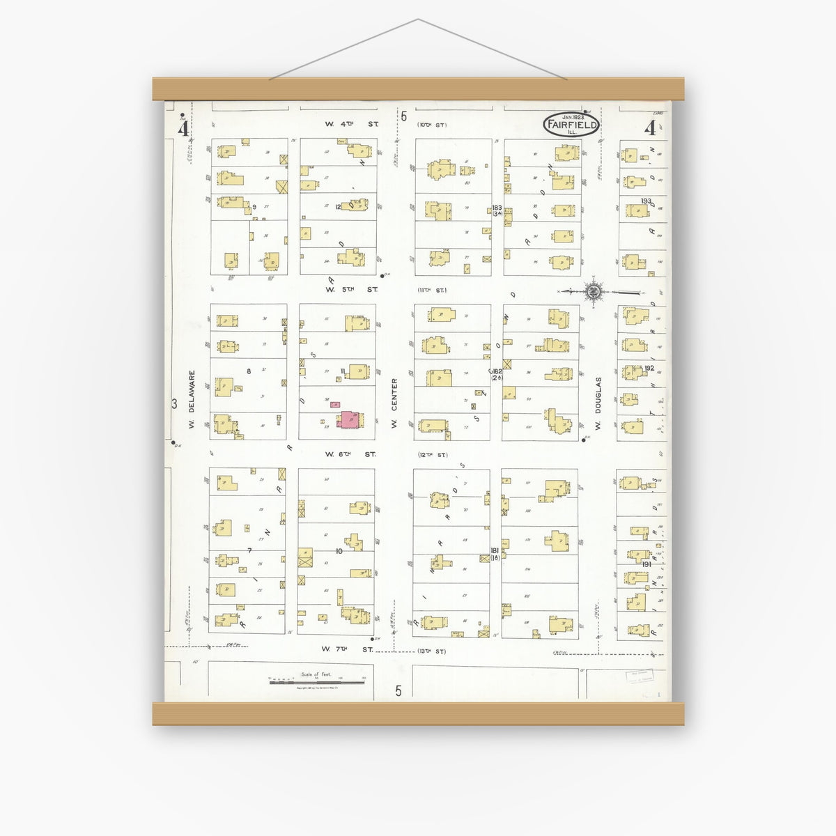 Old map wall art mockup — magnetic wood frame on white wall — Sanborn Fire Insurance Map from Fairfield, Wayne County, Illinois (1923), Sheet #0004