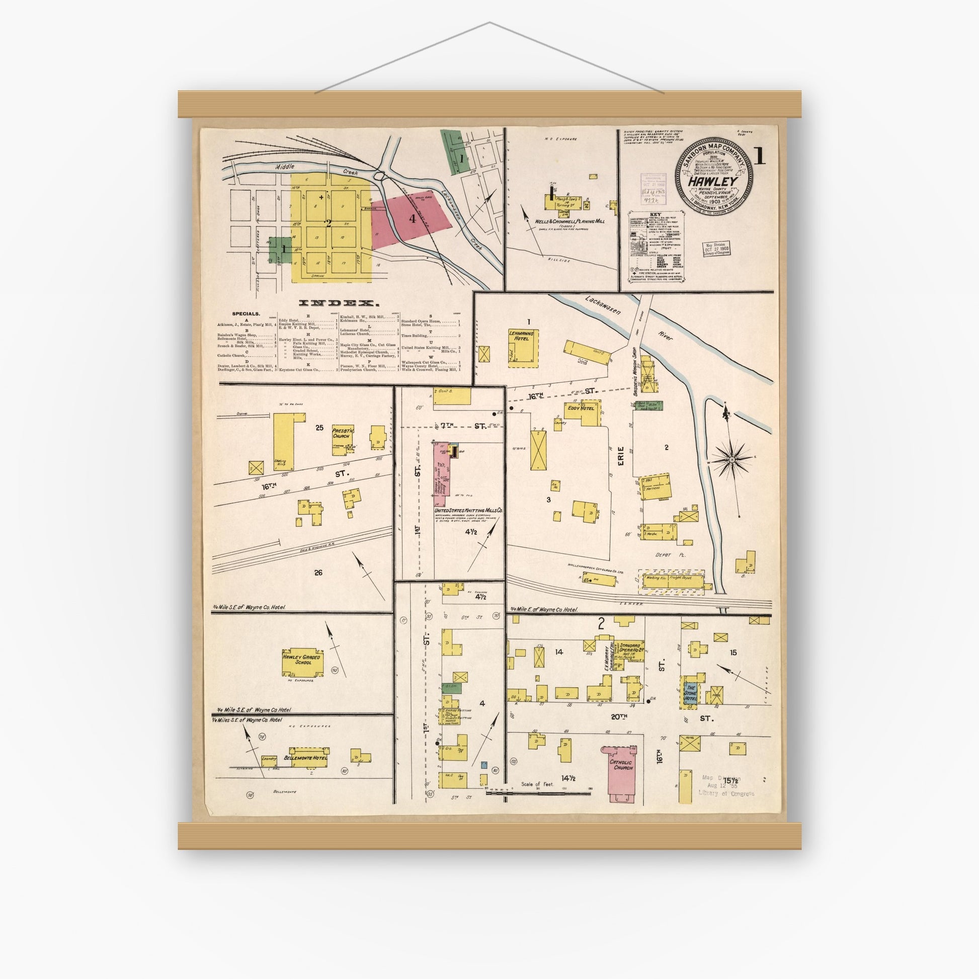 Old map wall art mockup — magnetic wood frame on white wall — Sanborn Fire Insurance Map from Hawley, Wayne County, Pennsylvania (1903), Sheet #0001