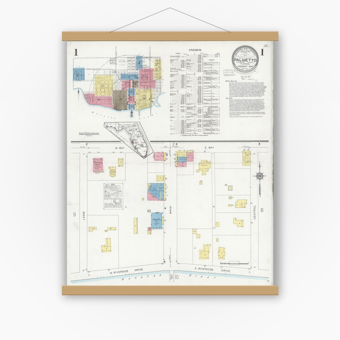 Old map wall art mockup — magnetic wood frame on white wall — Sanborn Fire Insurance Map from Palmetto, Manatee County, Florida (1930), Sheet #0001