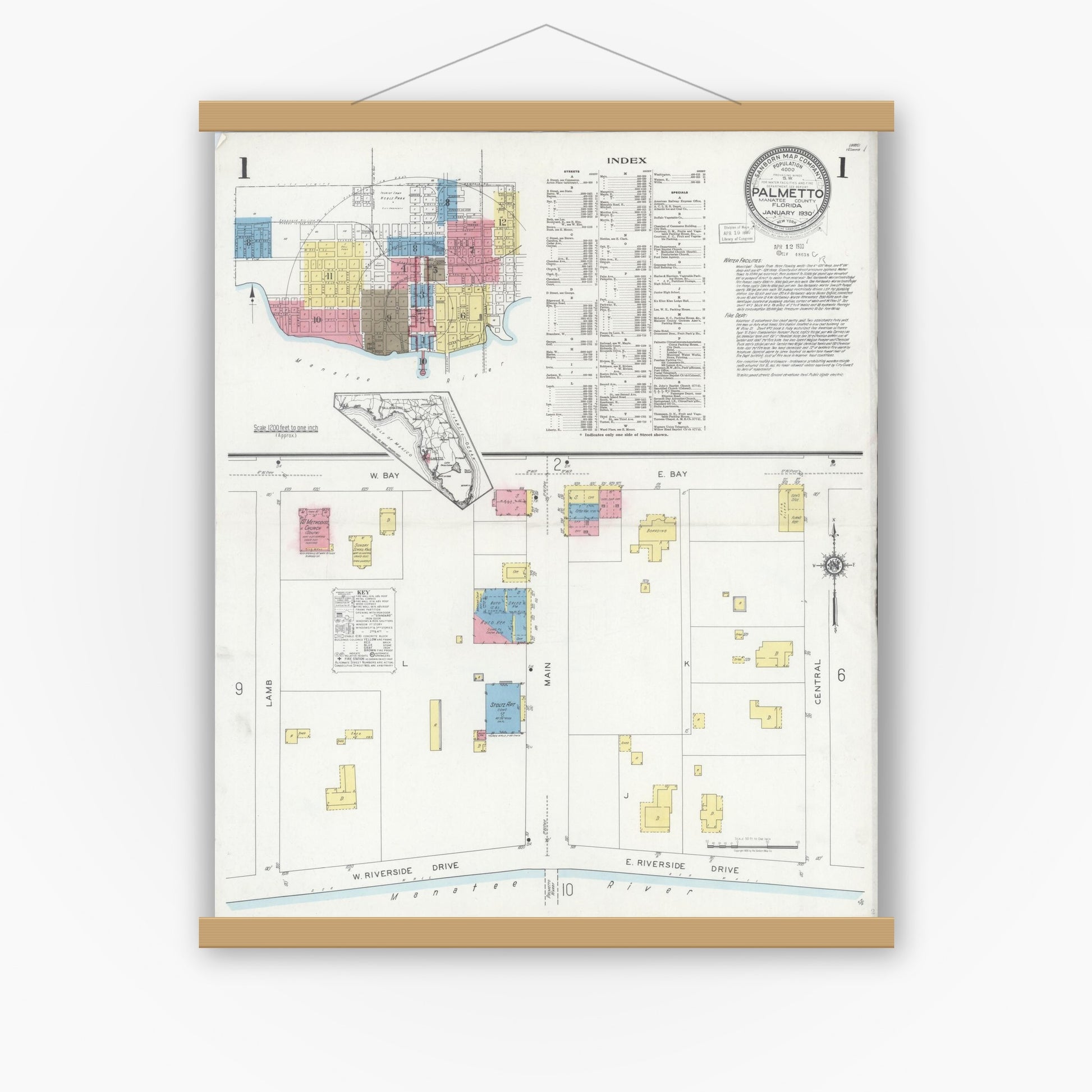 Old map wall art mockup — magnetic wood frame on white wall — Sanborn Fire Insurance Map from Palmetto, Manatee County, Florida (1930), Sheet #0001