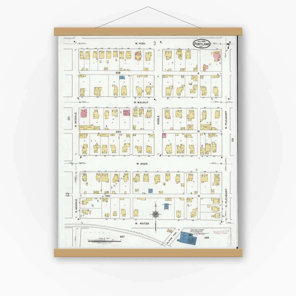 Old map wall art mockup — magnetic wood frame on white wall — Sanborn Fire Insurance Map from Portland, Jay County, Indiana (1920), Sheet #0007