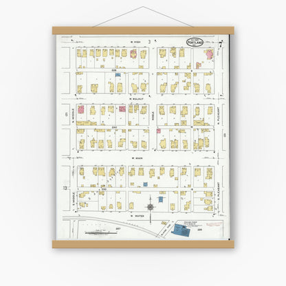 Old map wall art mockup — magnetic wood frame on white wall — Sanborn Fire Insurance Map from Portland, Jay County, Indiana (1920), Sheet #0007
