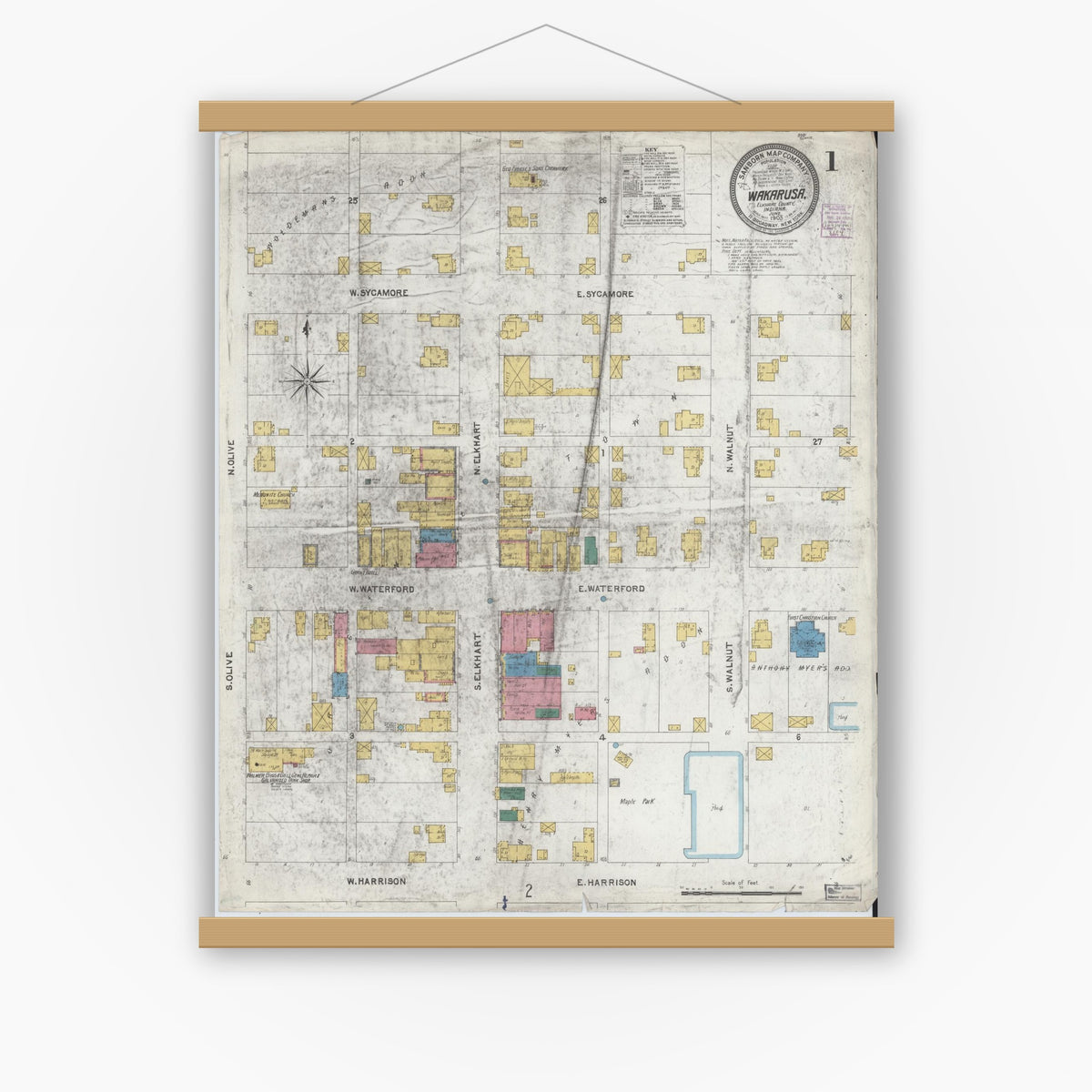 Old map wall art mockup — magnetic wood frame on white wall — Sanborn Fire Insurance Map from Wakarusa, Elkhart County, Indiana (1905), Sheet #0001