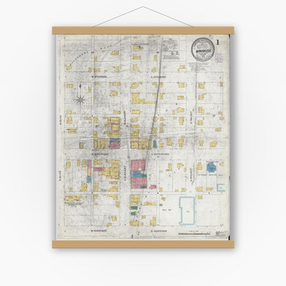 Old map wall art mockup — magnetic wood frame on white wall — Sanborn Fire Insurance Map from Wakarusa, Elkhart County, Indiana (1905), Sheet #0001