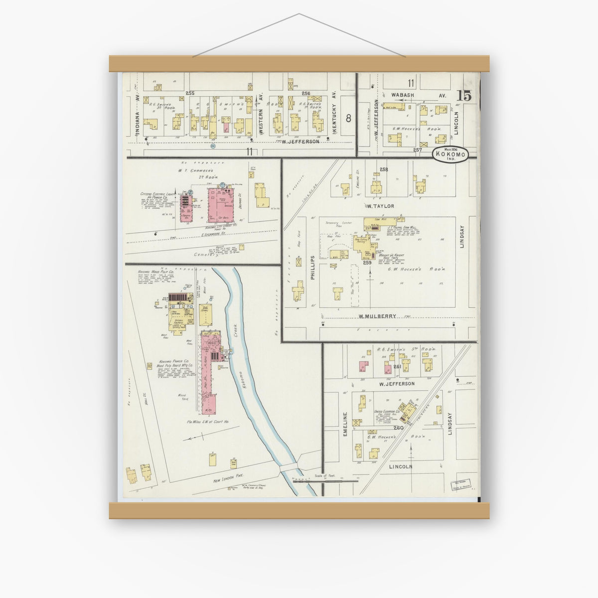 Old map wall art mockup — magnetic wood frame on white wall — Sanborn Fire Insurance Map from Kokomo, Howard County, Indiana (1896), Sheet #0015
