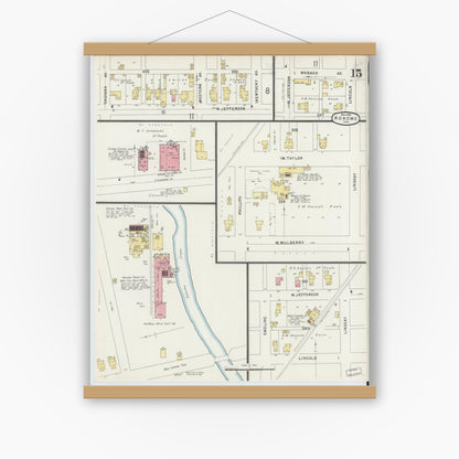 Old map wall art mockup — magnetic wood frame on white wall — Sanborn Fire Insurance Map from Kokomo, Howard County, Indiana (1896), Sheet #0015