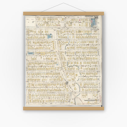 Old map wall art mockup — magnetic wood frame on white wall — Sanborn Fire Insurance Map from Burlingame, San Mateo County, California (1949), Sheet #0038