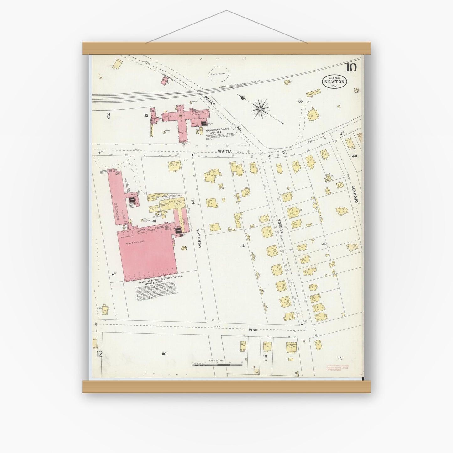 Old map wall art mockup — magnetic wood frame on white wall — Sanborn Fire Insurance Map from Newton, Sussex County, New Jersey (1903), Sheet #0010
