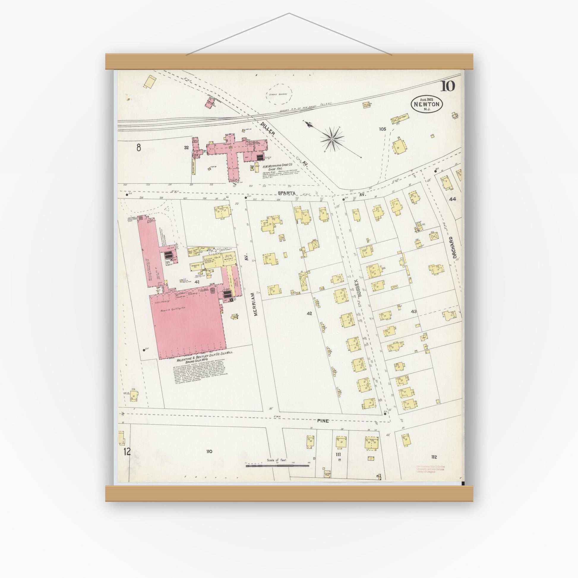 Old map wall art mockup — magnetic wood frame on white wall — Sanborn Fire Insurance Map from Newton, Sussex County, New Jersey (1903), Sheet #0010