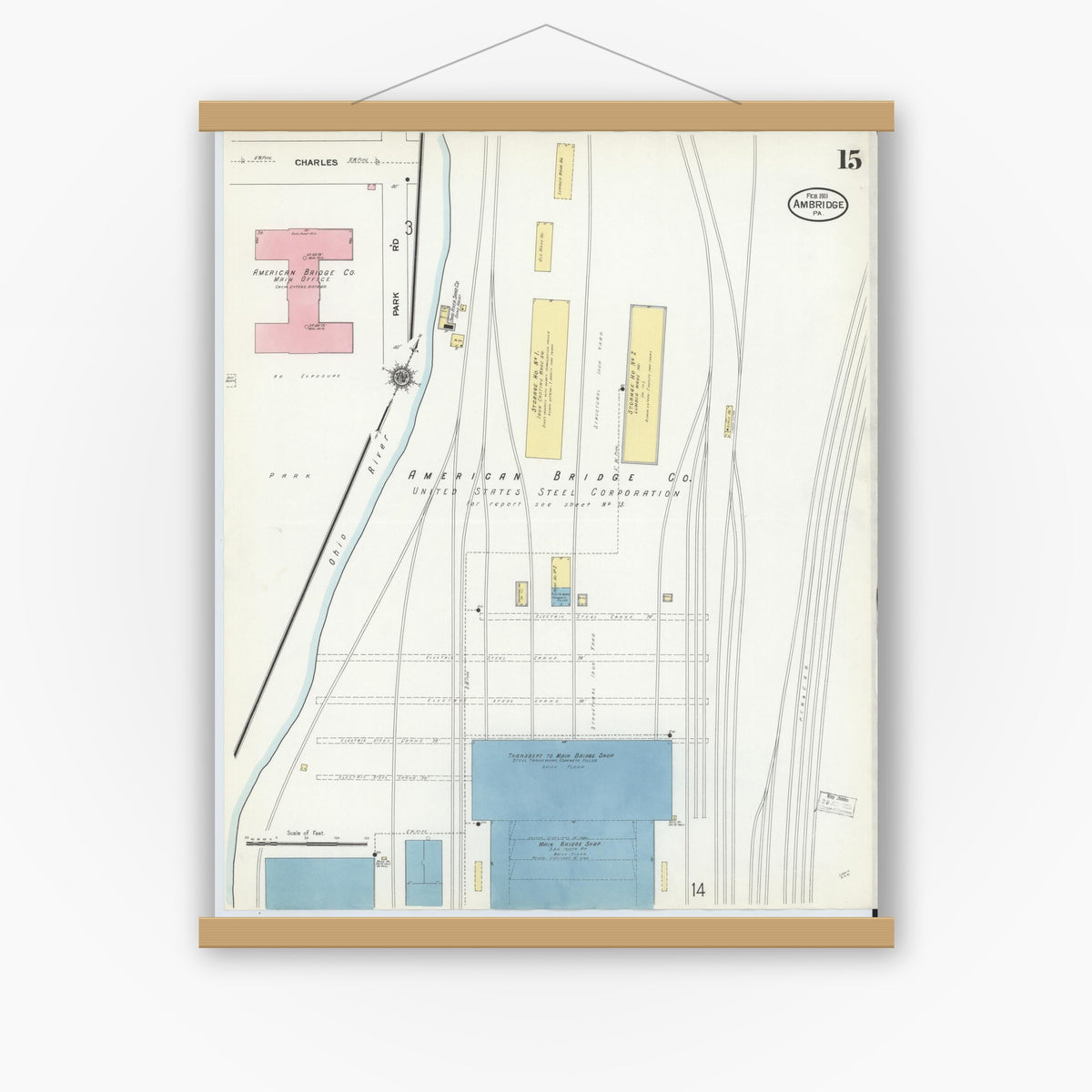 Old map wall art mockup — magnetic wood frame on white wall — Sanborn Fire Insurance Map from Ambridge, Beaver County, Pennsylvania (1911), Sheet #0015