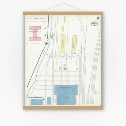 Old map wall art mockup — magnetic wood frame on white wall — Sanborn Fire Insurance Map from Ambridge, Beaver County, Pennsylvania (1911), Sheet #0015