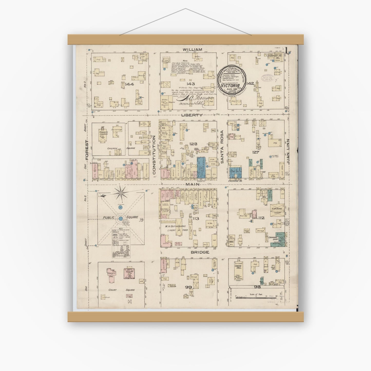 Old map wall art mockup — magnetic wood frame on white wall — Sanborn Fire Insurance Map from Victoria, Victoria County, Texas (1885), Sheet #0001