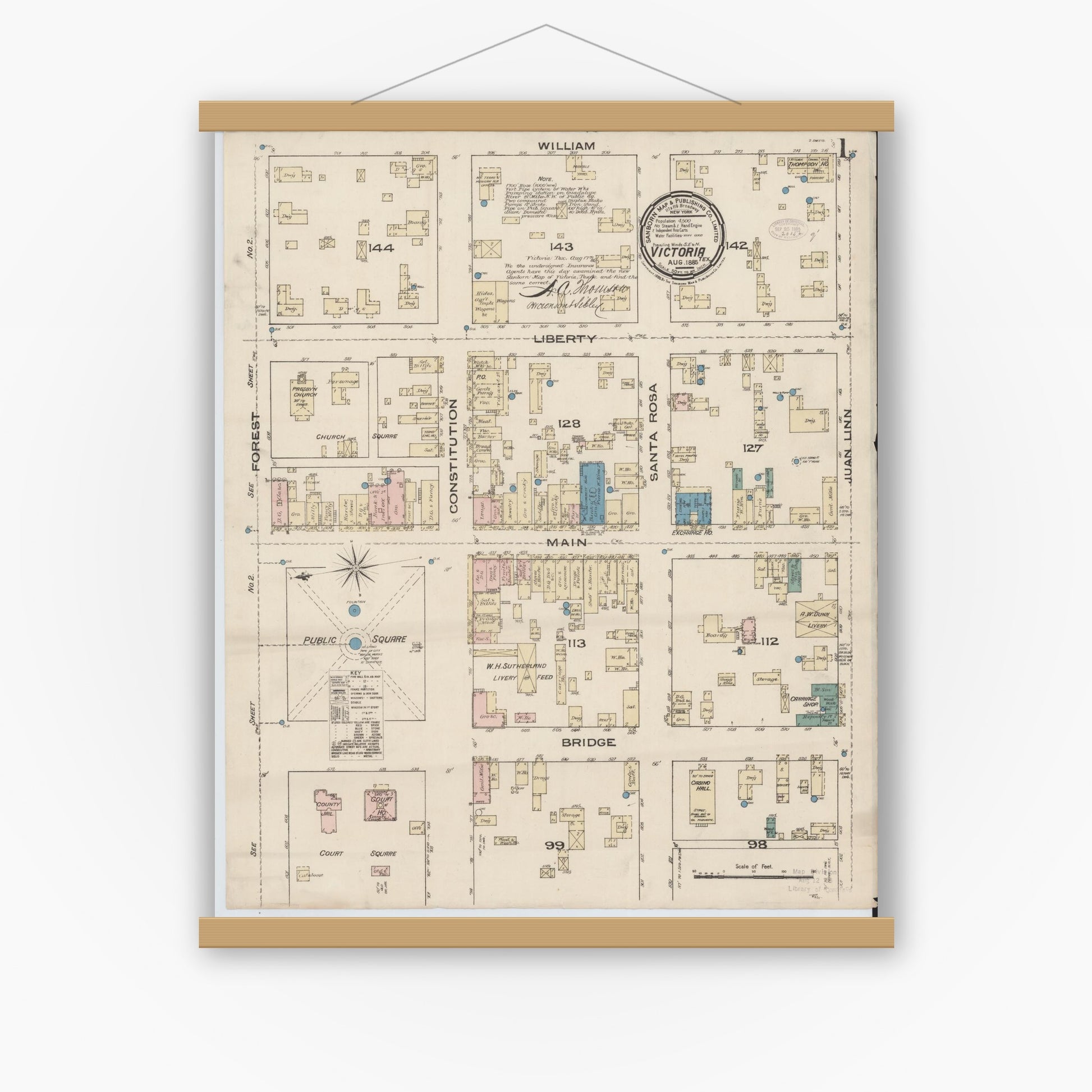 Old map wall art mockup — magnetic wood frame on white wall — Sanborn Fire Insurance Map from Victoria, Victoria County, Texas (1885), Sheet #0001