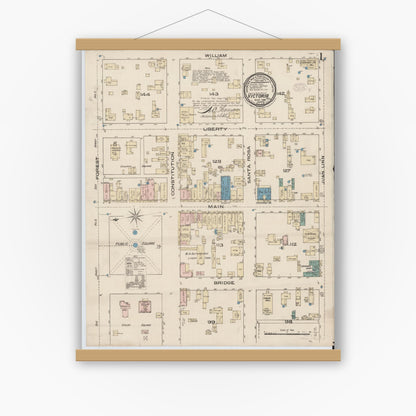 Old map wall art mockup — magnetic wood frame on white wall — Sanborn Fire Insurance Map from Victoria, Victoria County, Texas (1885), Sheet #0001