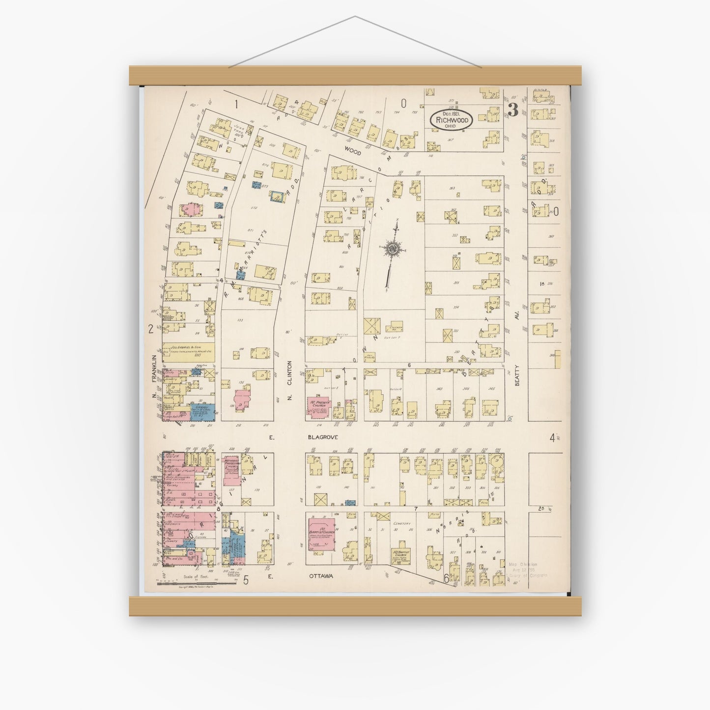 Old map wall art mockup — magnetic wood frame on white wall — Sanborn Fire Insurance Map from Richwood, Union County, Ohio (1921), Sheet #0003