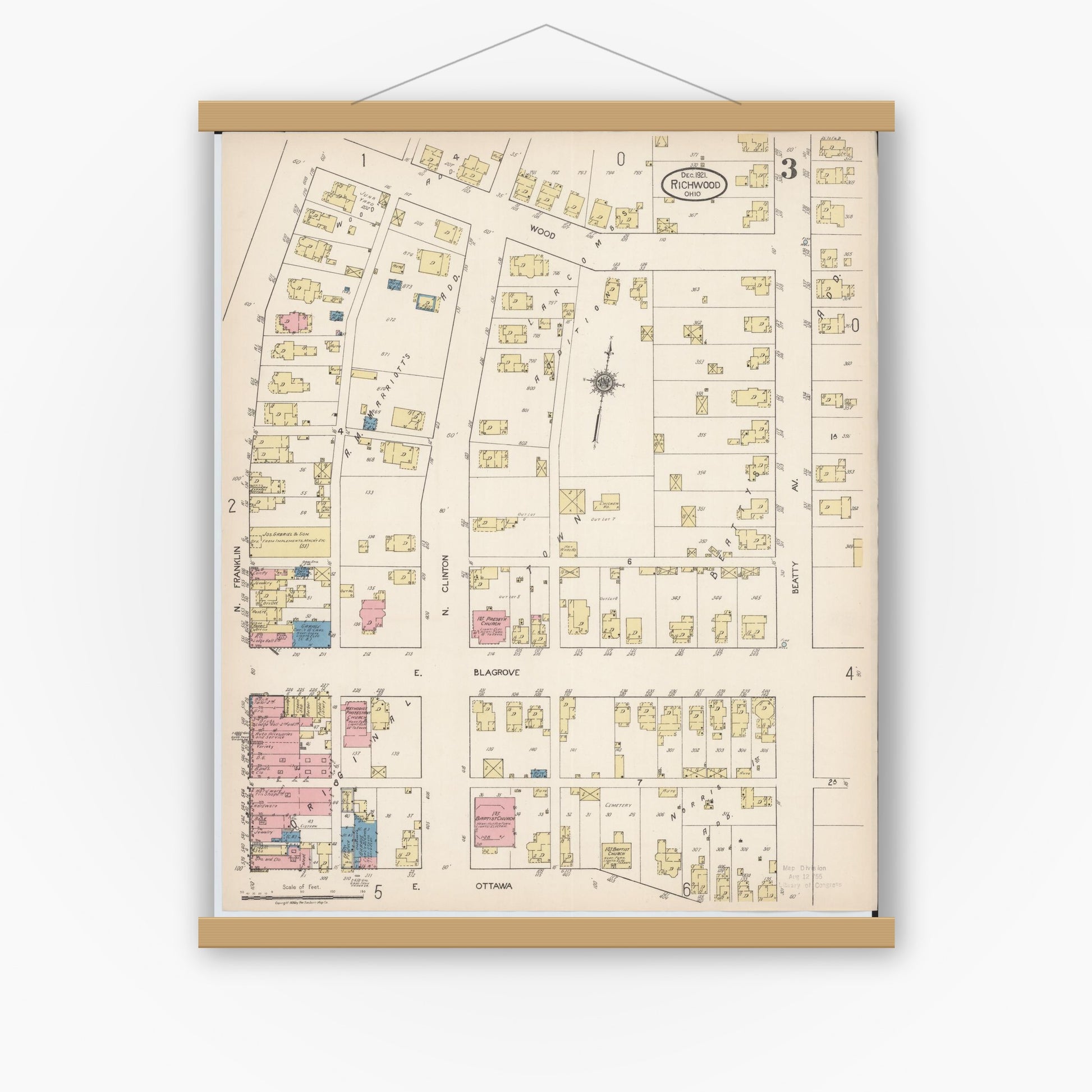 Old map wall art mockup — magnetic wood frame on white wall — Sanborn Fire Insurance Map from Richwood, Union County, Ohio (1921), Sheet #0003