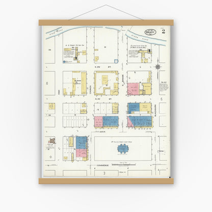 Old map wall art mockup — magnetic wood frame on white wall — Sanborn Fire Insurance Map from Brady, McCulloch County, Texas (1921), Sheet #0002