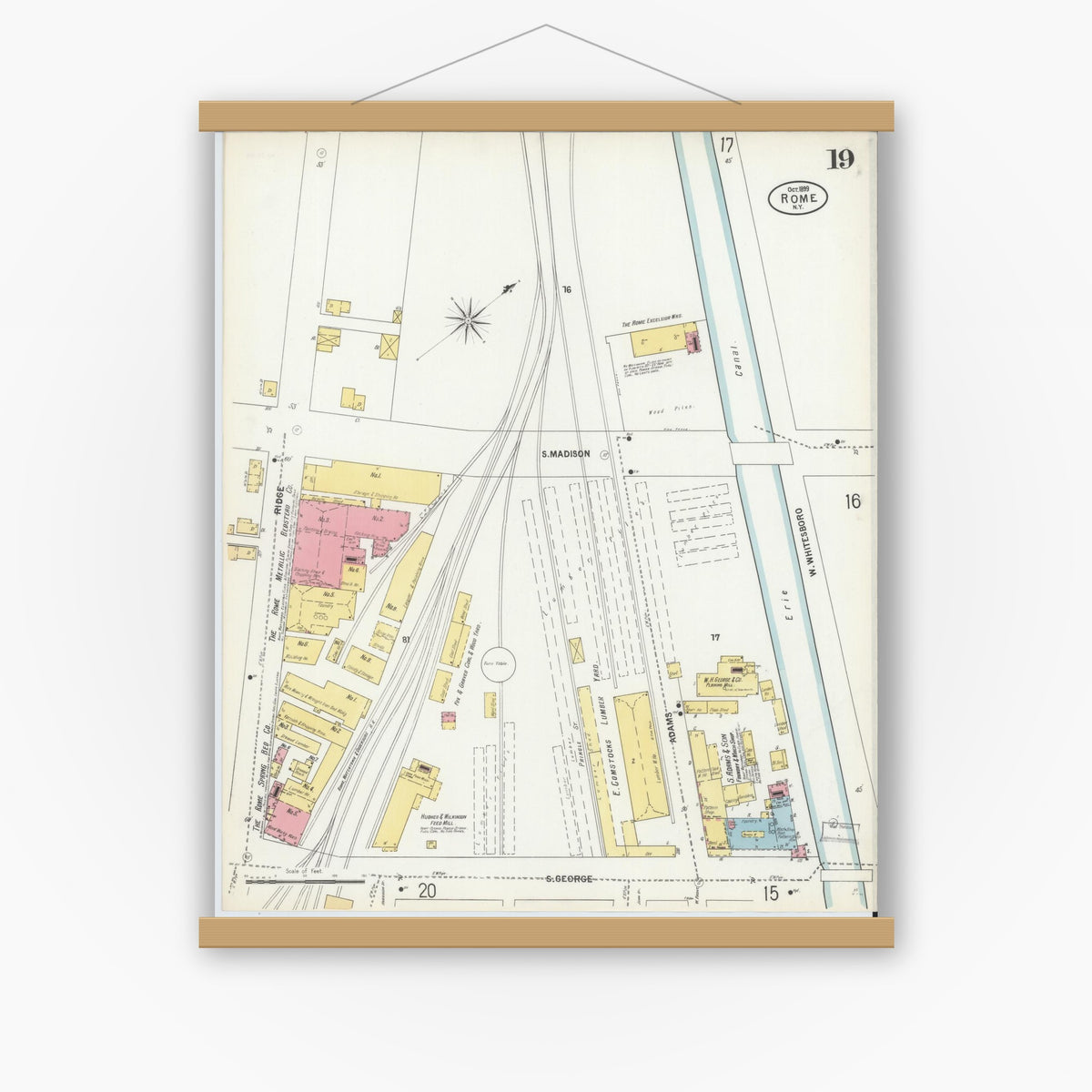 Old map wall art mockup — magnetic wood frame on white wall — Sanborn Fire Insurance Map from Rome, Oneida County, New York (1899), Sheet #0019