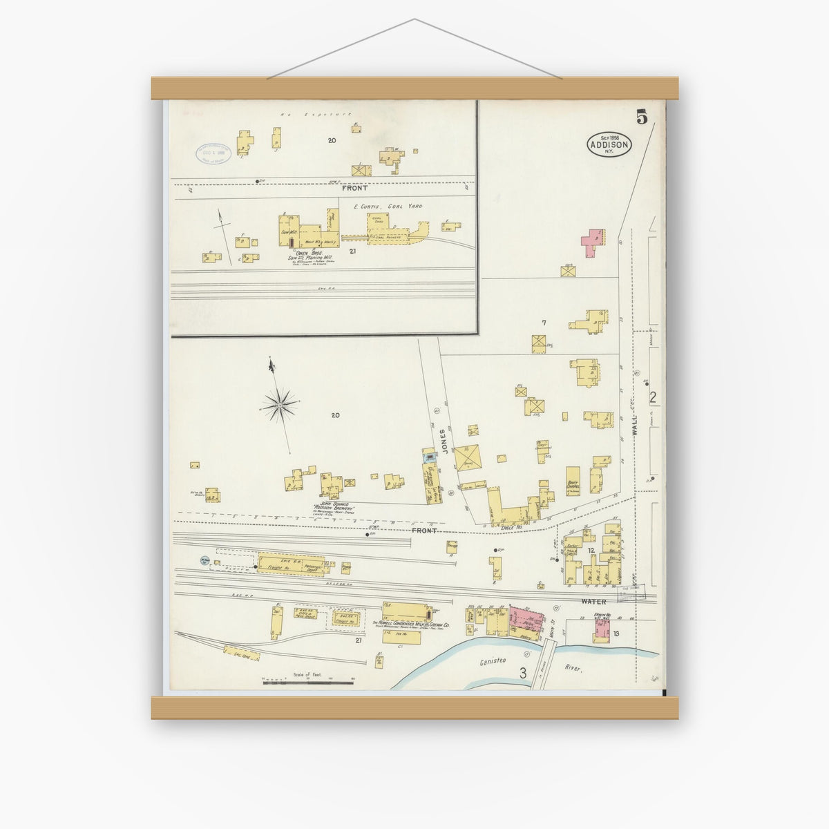 Old map wall art mockup — magnetic wood frame on white wall — Sanborn Fire Insurance Map from Addison, Steuben County, New York (1898), Sheet #0005