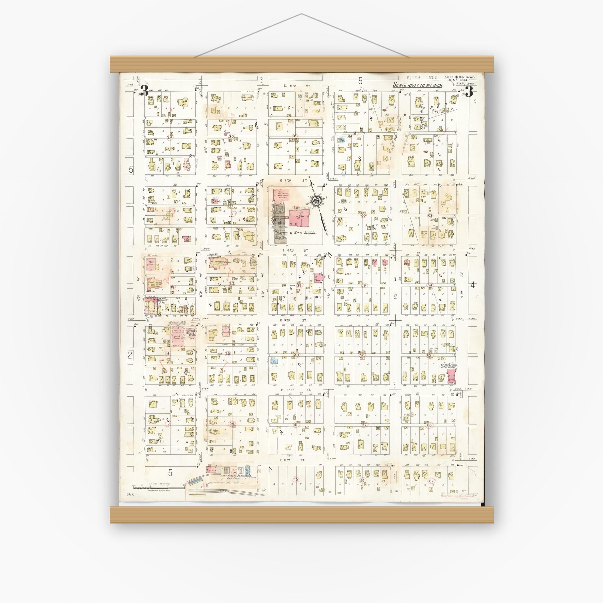 Old map wall art mockup — magnetic wood frame on white wall — Sanborn Fire Insurance Map from Sheldon, O'Brien County, Iowa (1948), Sheet #0003