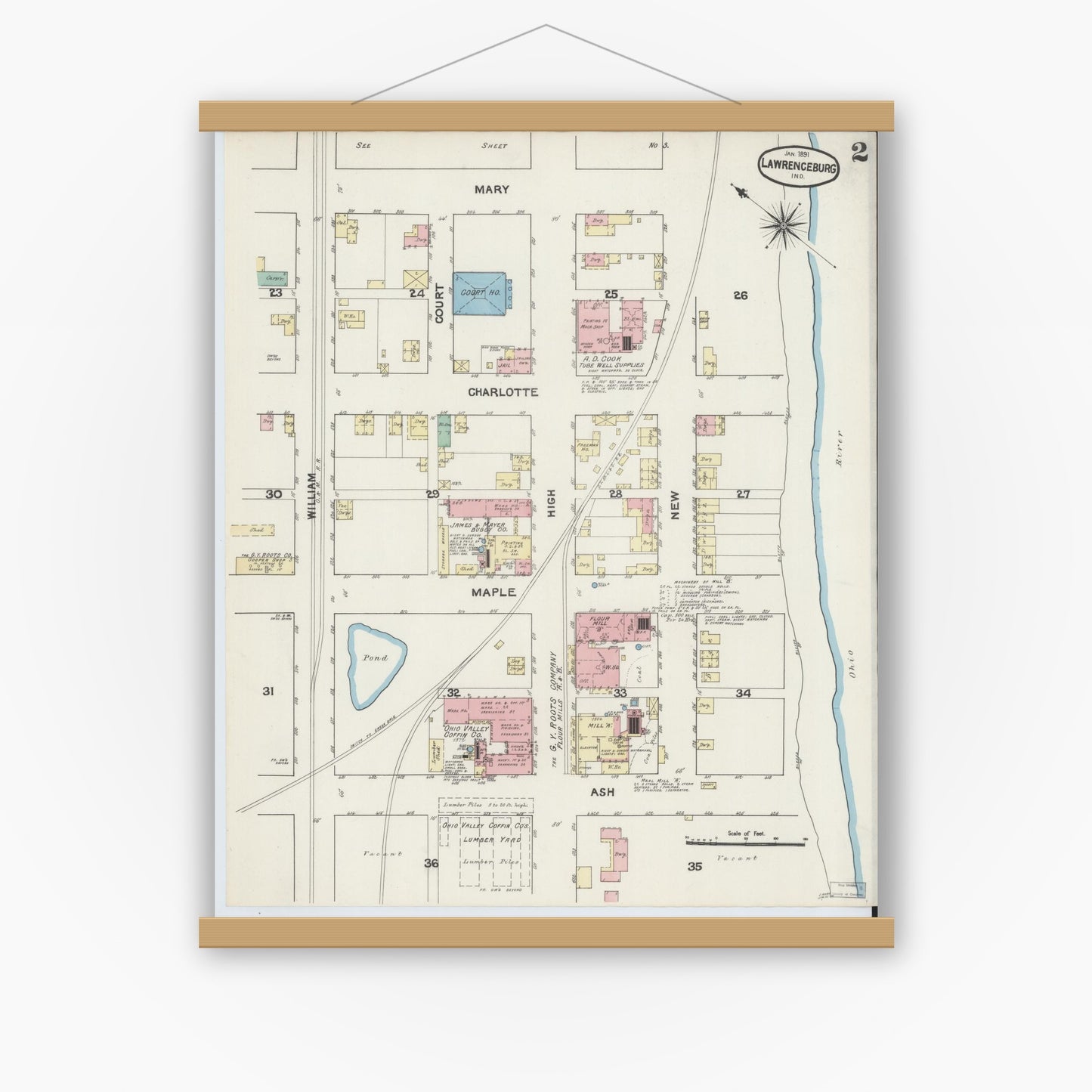 Old map wall art mockup — magnetic wood frame on white wall — Sanborn Fire Insurance Map from Lawrenceburg, Dearborn County, Indiana (1891), Sheet #0002