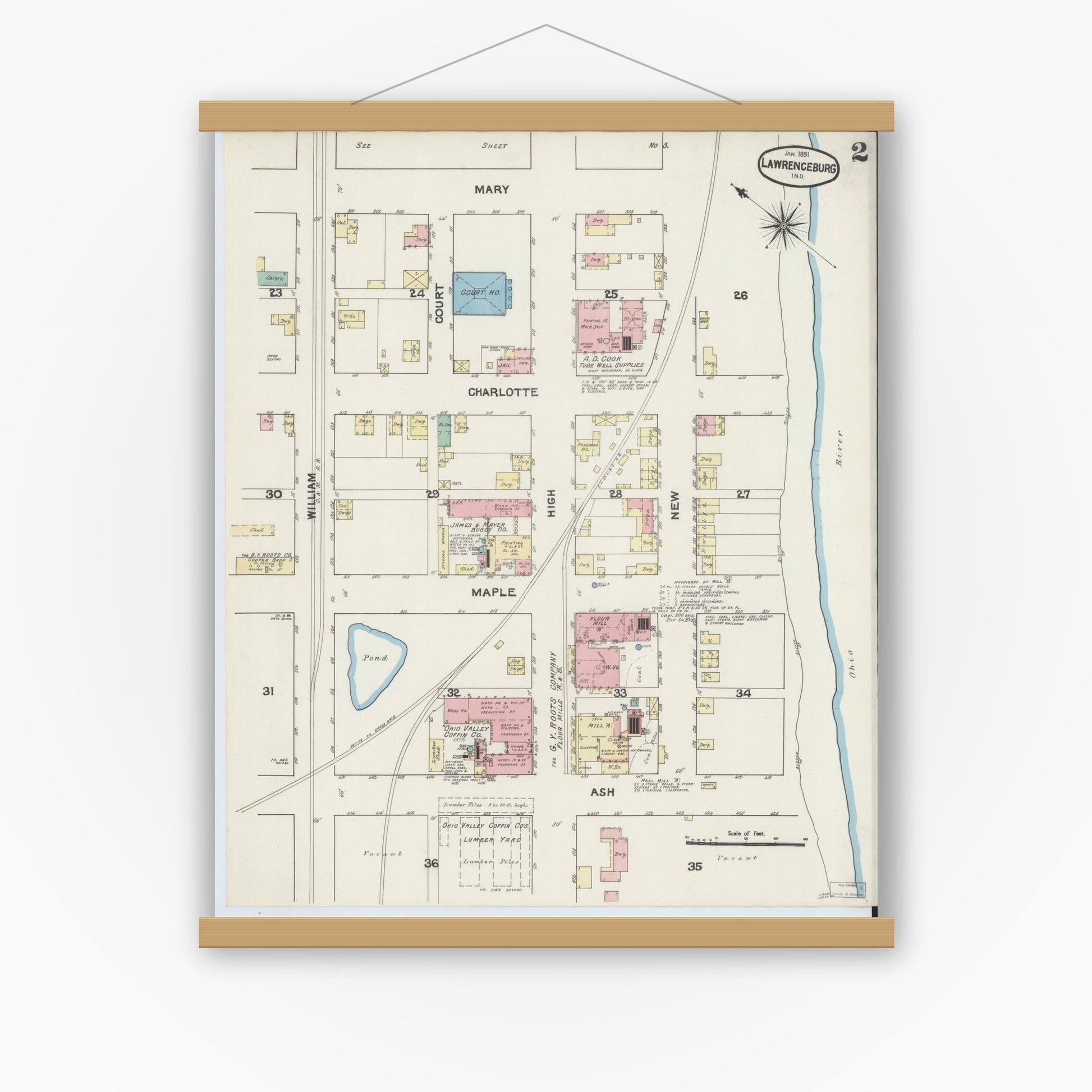 Old map wall art mockup — magnetic wood frame on white wall — Sanborn Fire Insurance Map from Lawrenceburg, Dearborn County, Indiana (1891), Sheet #0002