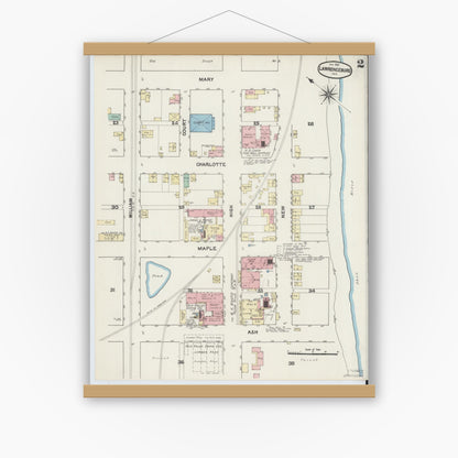 Old map wall art mockup — magnetic wood frame on white wall — Sanborn Fire Insurance Map from Lawrenceburg, Dearborn County, Indiana (1891), Sheet #0002