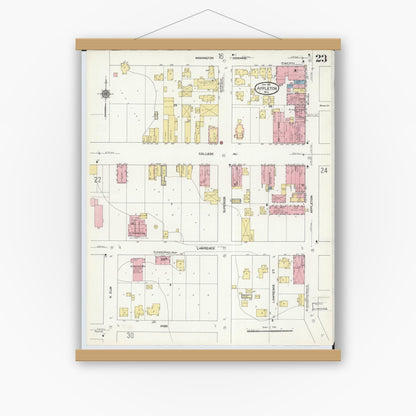 Old map wall art mockup — magnetic wood frame on white wall — Sanborn Fire Insurance Map from Appleton, Outagamie County, Wisconsin (1911), Sheet #0023