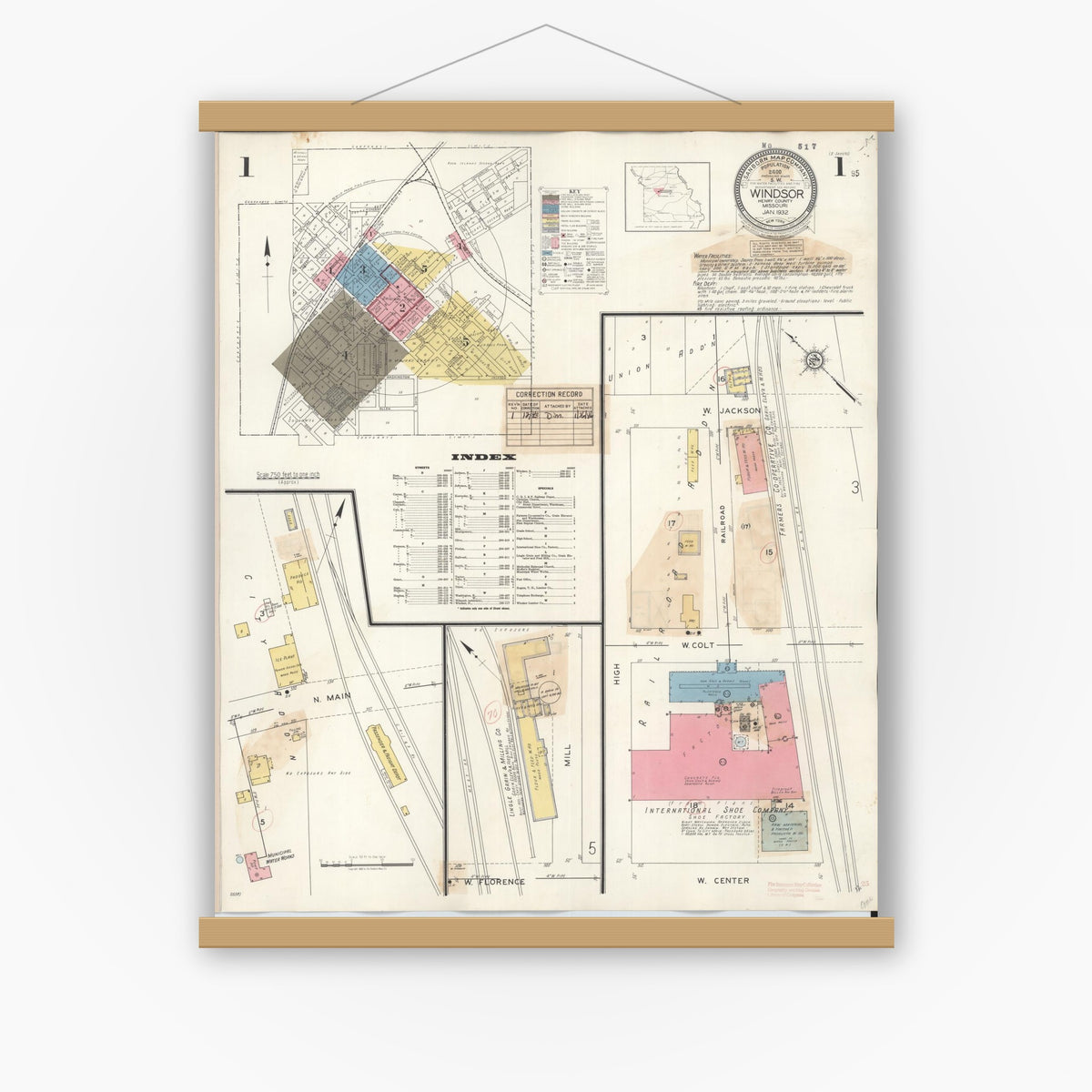 Old map wall art mockup — magnetic wood frame on white wall — Sanborn Fire Insurance Map from Windsor, Henry County, Missouri (1943), Sheet #0001