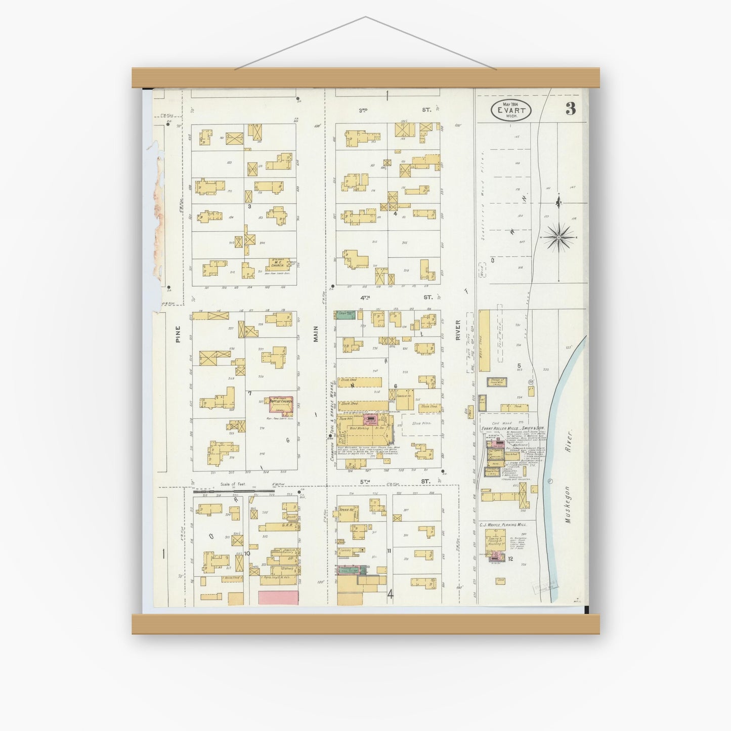 Old map wall art mockup — magnetic wood frame on white wall — Sanborn Fire Insurance Map from Evart, Osceola County, Michigan (1904), Sheet #0003