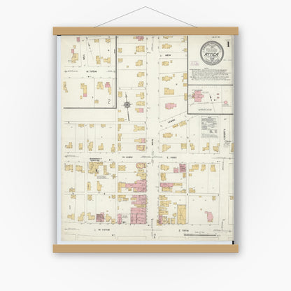 Old map wall art mockup — magnetic wood frame on white wall — Sanborn Fire Insurance Map from Attica, Seneca County, Ohio (1912), Sheet #0001