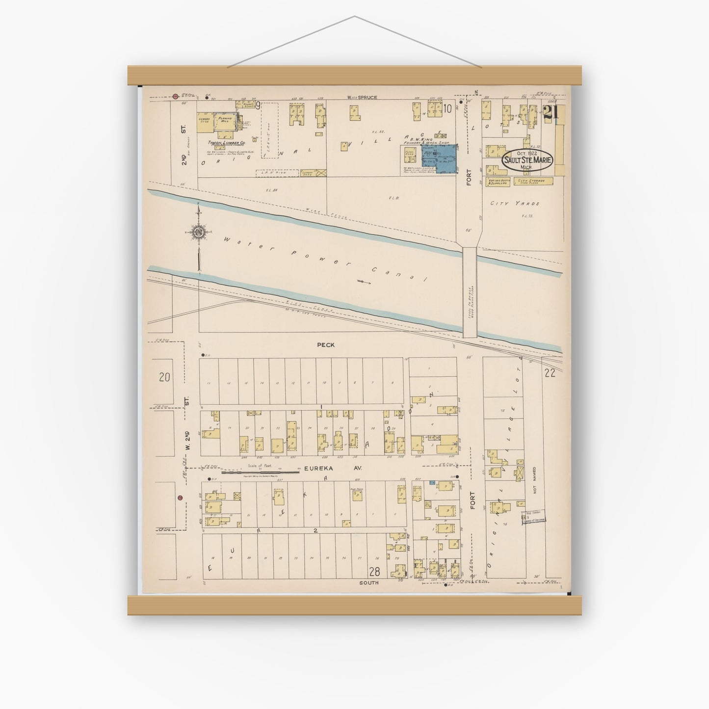 Old map wall art mockup — magnetic wood frame on white wall — Sanborn Fire Insurance Map from Sault Sainte Marie, Chippewa County, Michigan (1922), Sheet #0021