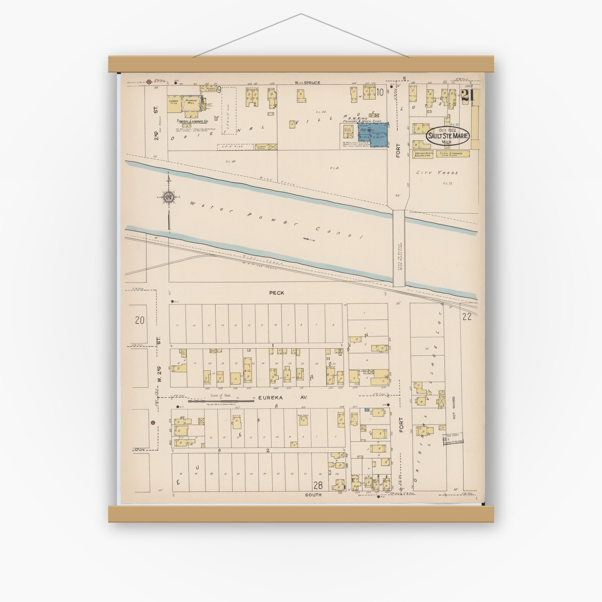 Old map wall art mockup — magnetic wood frame on white wall — Sanborn Fire Insurance Map from Sault Sainte Marie, Chippewa County, Michigan (1922), Sheet #0021