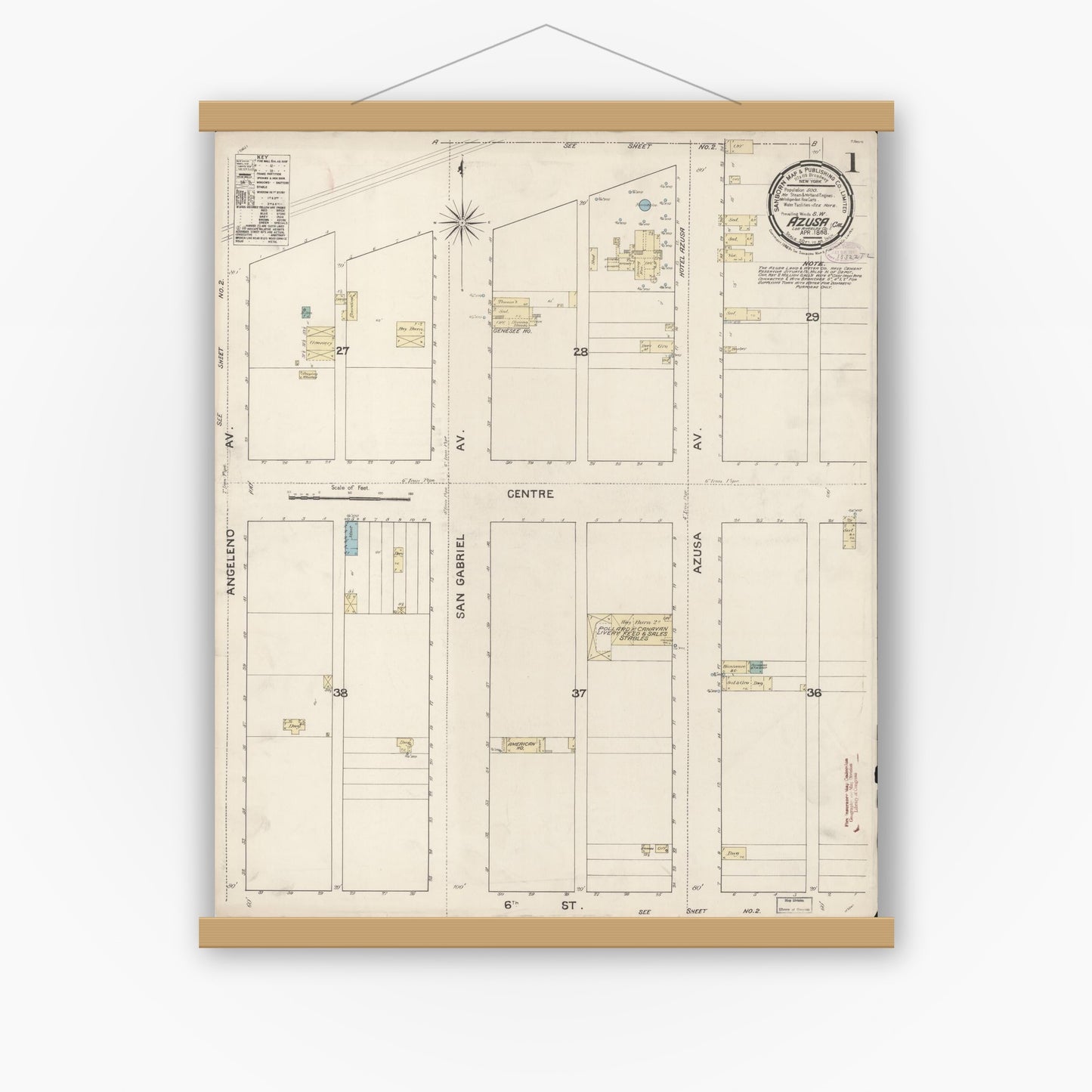 Old map wall art mockup — magnetic wood frame on white wall — Sanborn Fire Insurance Map from Azusa, Los Angeles County, California (1888), Sheet #0001