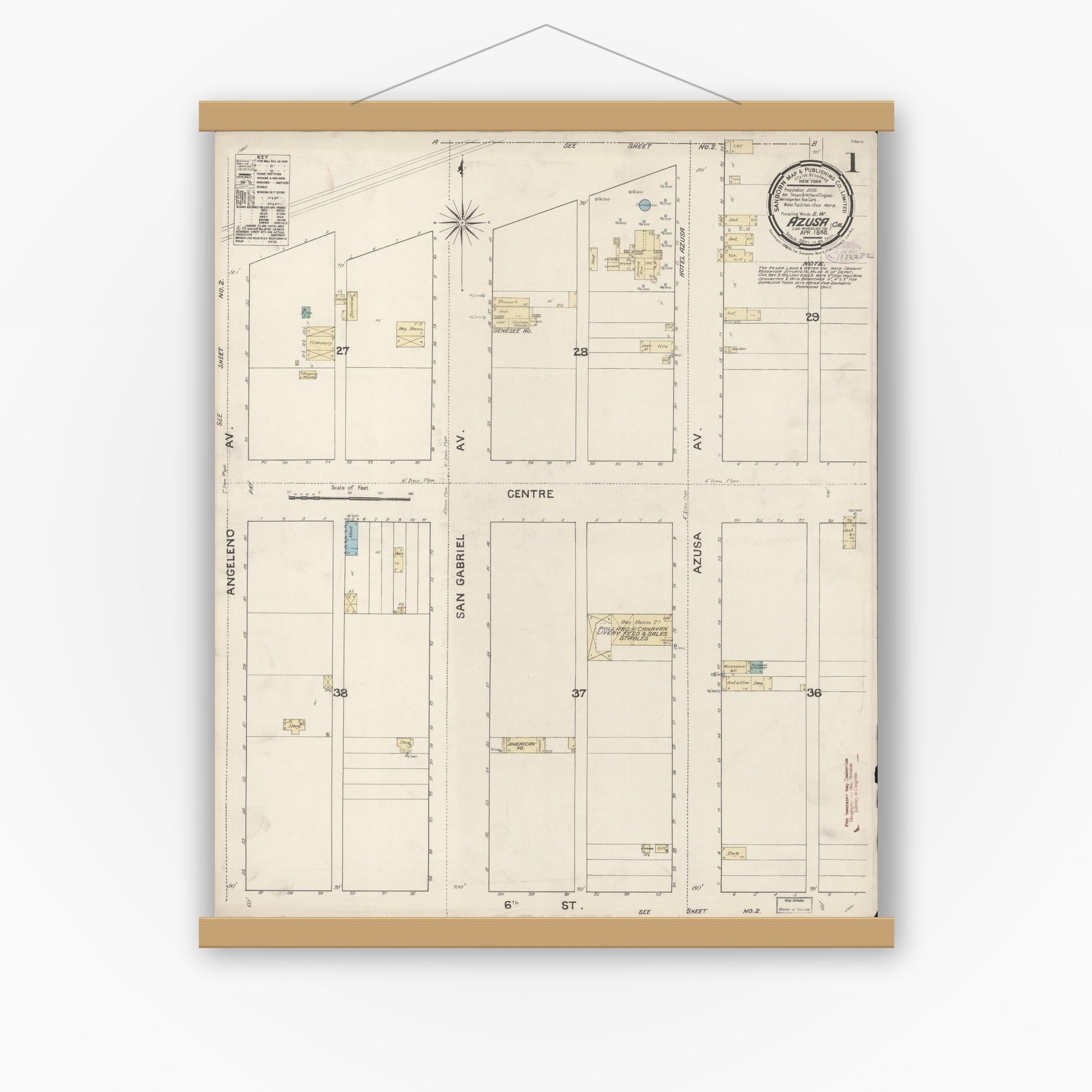 Old map wall art mockup — magnetic wood frame on white wall — Sanborn Fire Insurance Map from Azusa, Los Angeles County, California (1888), Sheet #0001
