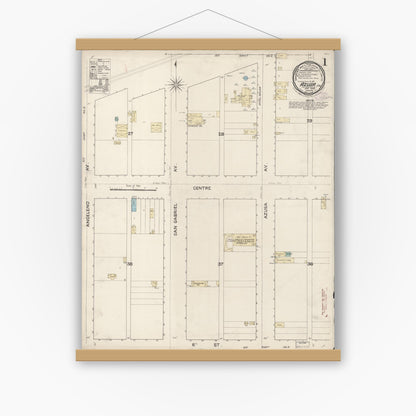 Old map wall art mockup — magnetic wood frame on white wall — Sanborn Fire Insurance Map from Azusa, Los Angeles County, California (1888), Sheet #0001