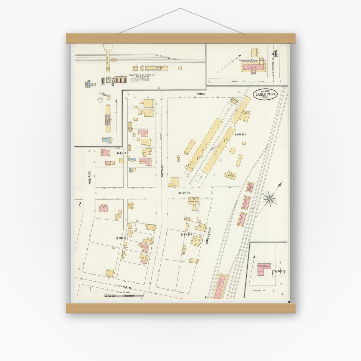 Old map wall art mockup — magnetic wood frame on white wall — Sanborn Fire Insurance Map from Eagle Pass, Maverick County, Texas (1905), Sheet #0004