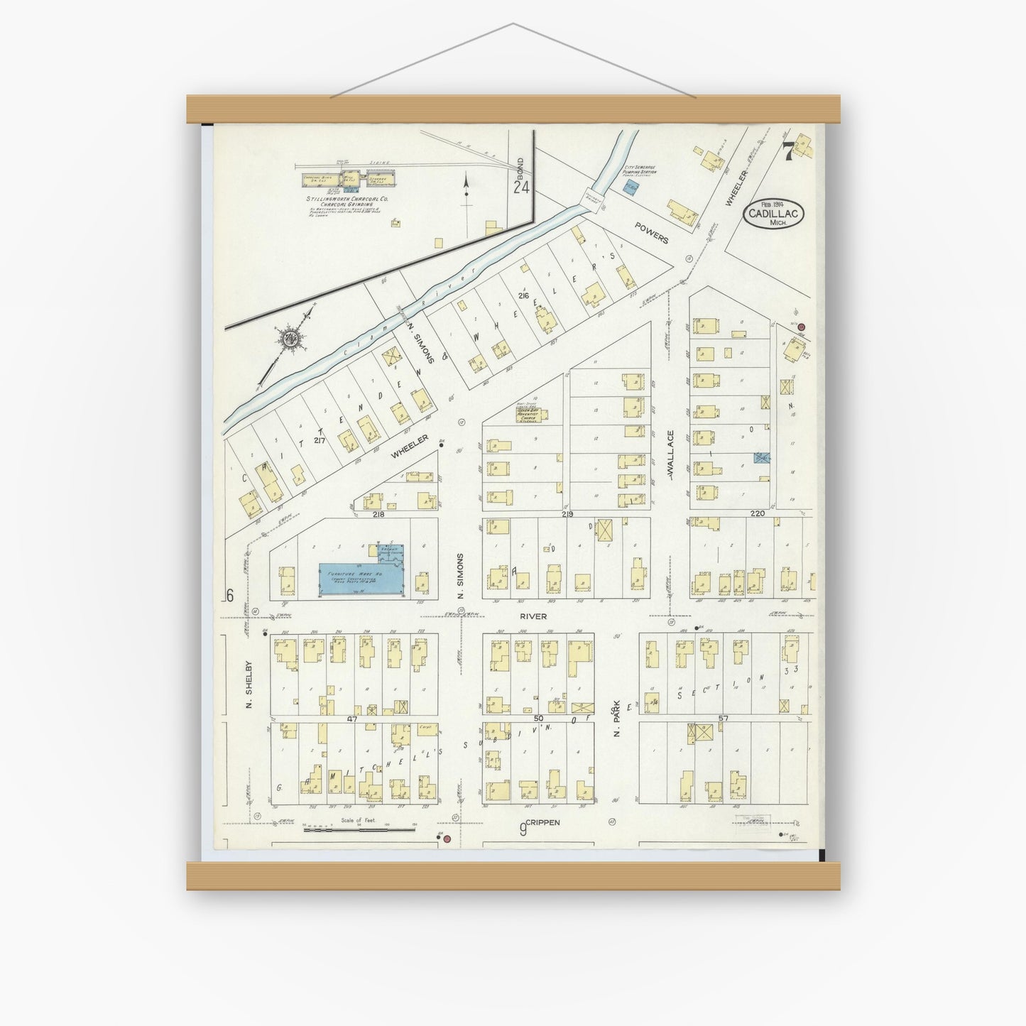Old map wall art mockup — magnetic wood frame on white wall — Sanborn Fire Insurance Map from Cadillac, Wexford County, Michigan (1914), Sheet #0007