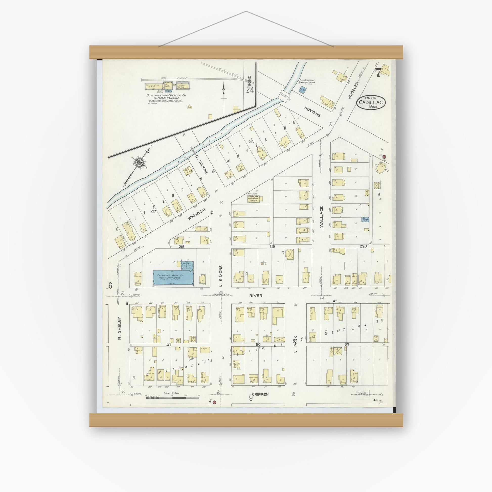 Old map wall art mockup — magnetic wood frame on white wall — Sanborn Fire Insurance Map from Cadillac, Wexford County, Michigan (1914), Sheet #0007
