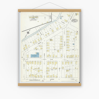 Old map wall art mockup — magnetic wood frame on white wall — Sanborn Fire Insurance Map from Cadillac, Wexford County, Michigan (1914), Sheet #0007