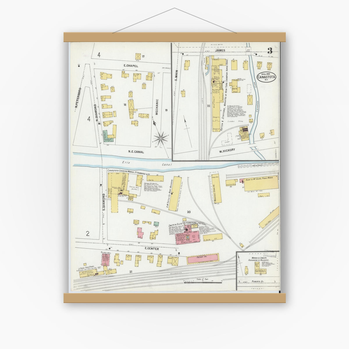 Old map wall art mockup — magnetic wood frame on white wall — Sanborn Fire Insurance Map from Canastota, Madison County, New York (1900), Sheet #0003