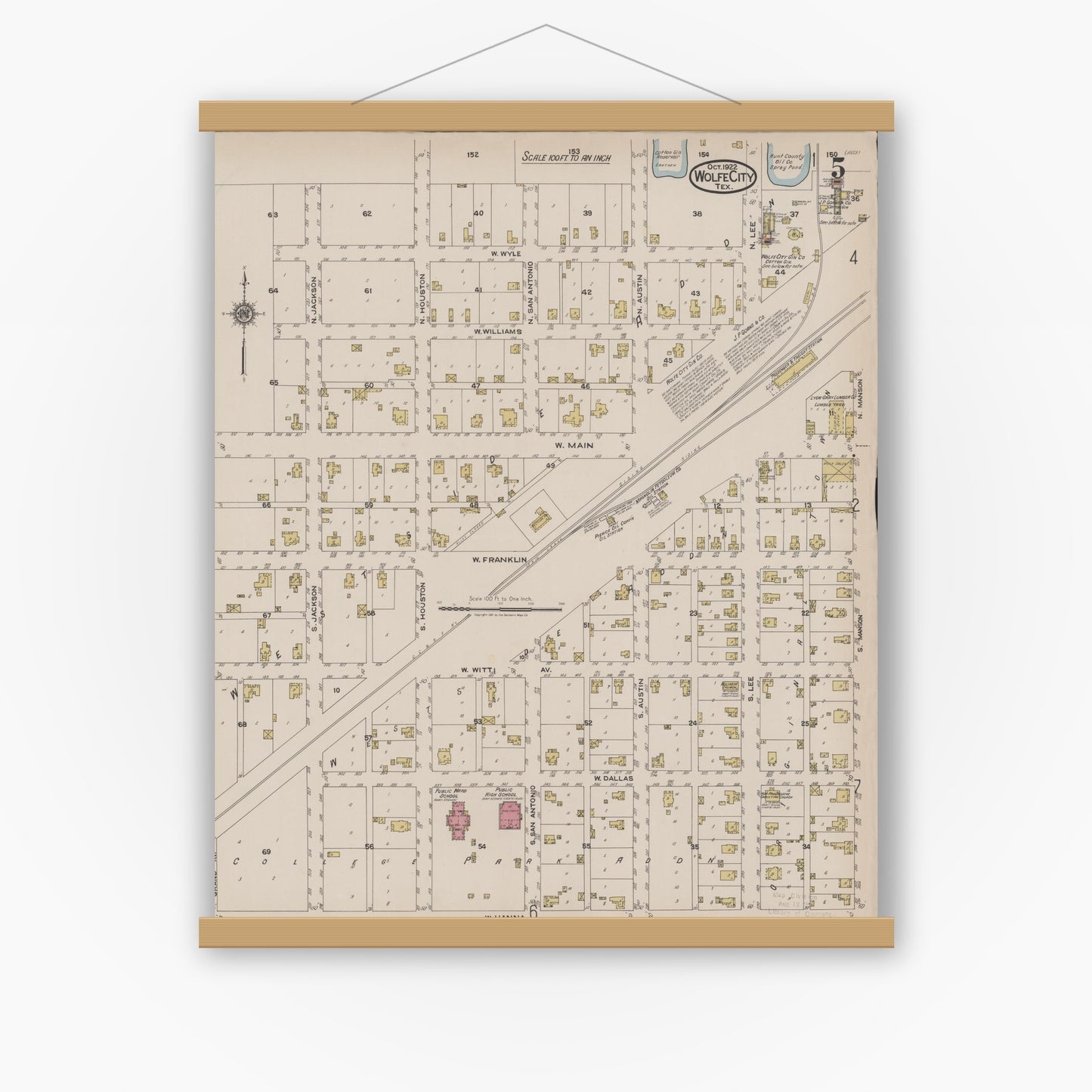 Old map wall art mockup — magnetic wood frame on white wall — Sanborn Fire Insurance Map from Wolfe City, Hunt County, Texas (1922), Sheet #0005