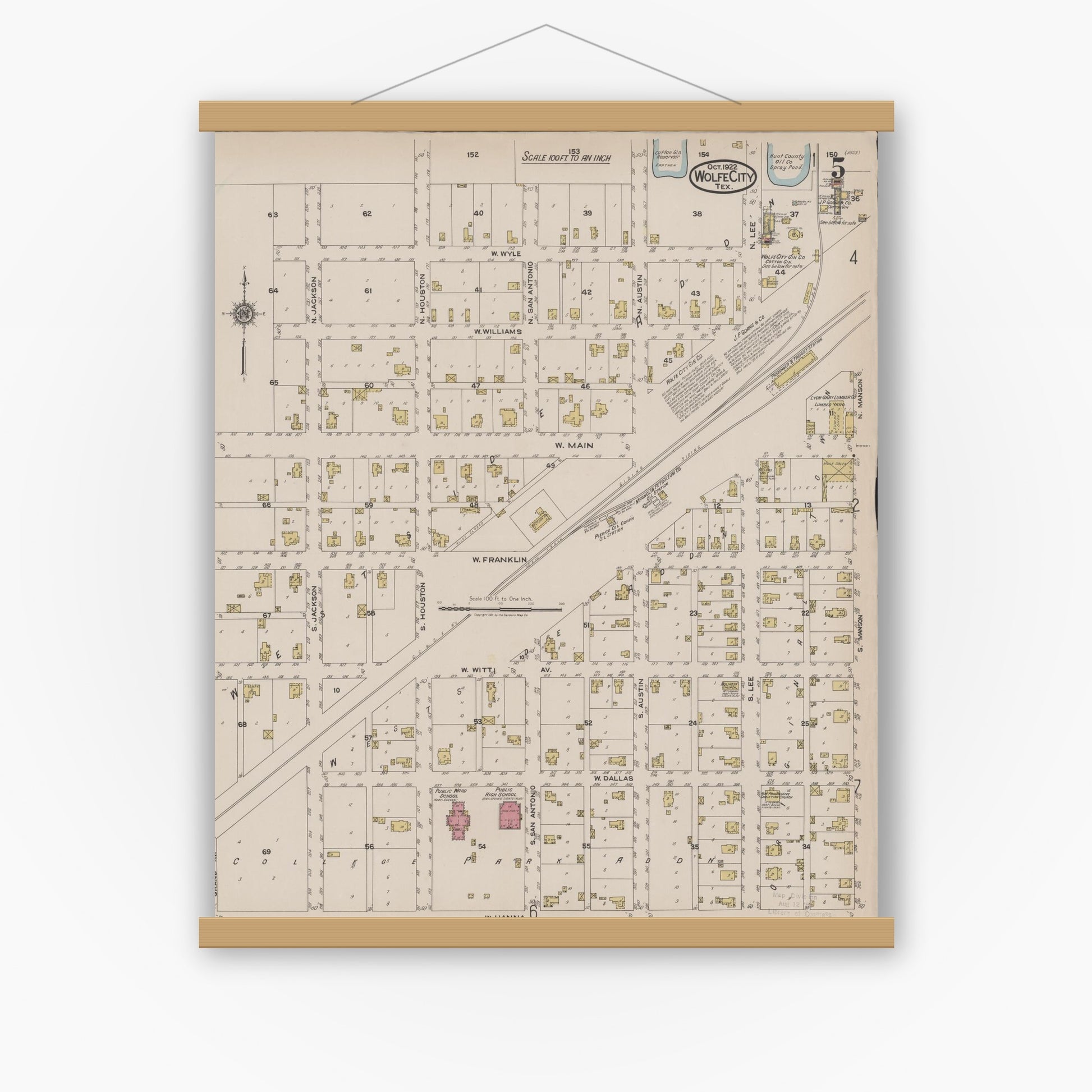 Old map wall art mockup — magnetic wood frame on white wall — Sanborn Fire Insurance Map from Wolfe City, Hunt County, Texas (1922), Sheet #0005