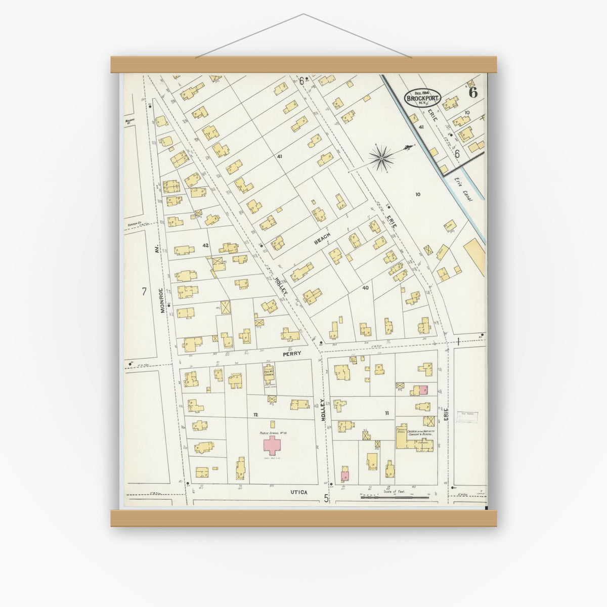 Old map wall art mockup — magnetic wood frame on white wall — Sanborn Fire Insurance Map from Brockport, Monroe County, New York (1904), Sheet #0006