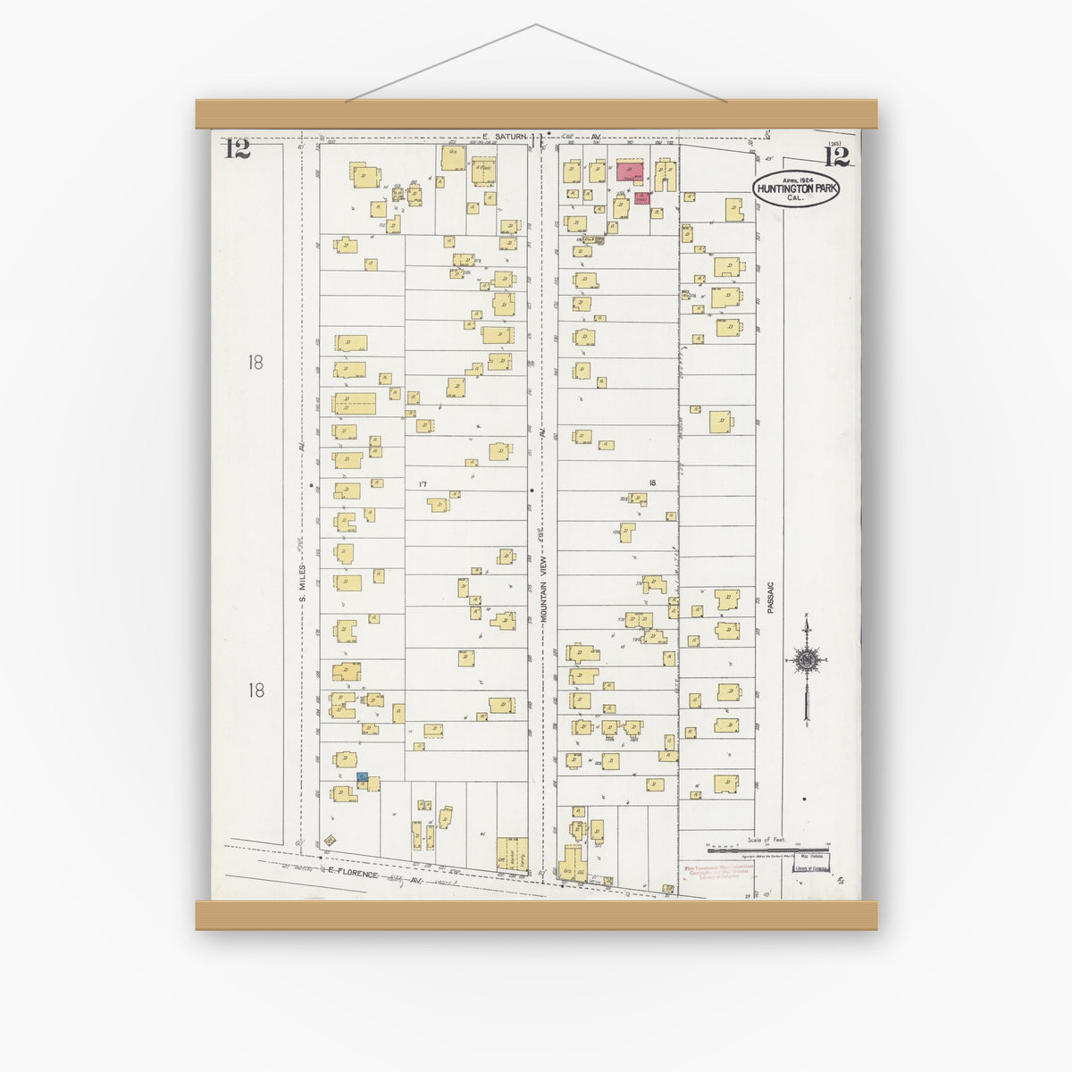 Old map wall art mockup — magnetic wood frame on white wall — Sanborn Fire Insurance Map from Huntington Park, Los Angeles County, California (1924), Sheet #0012