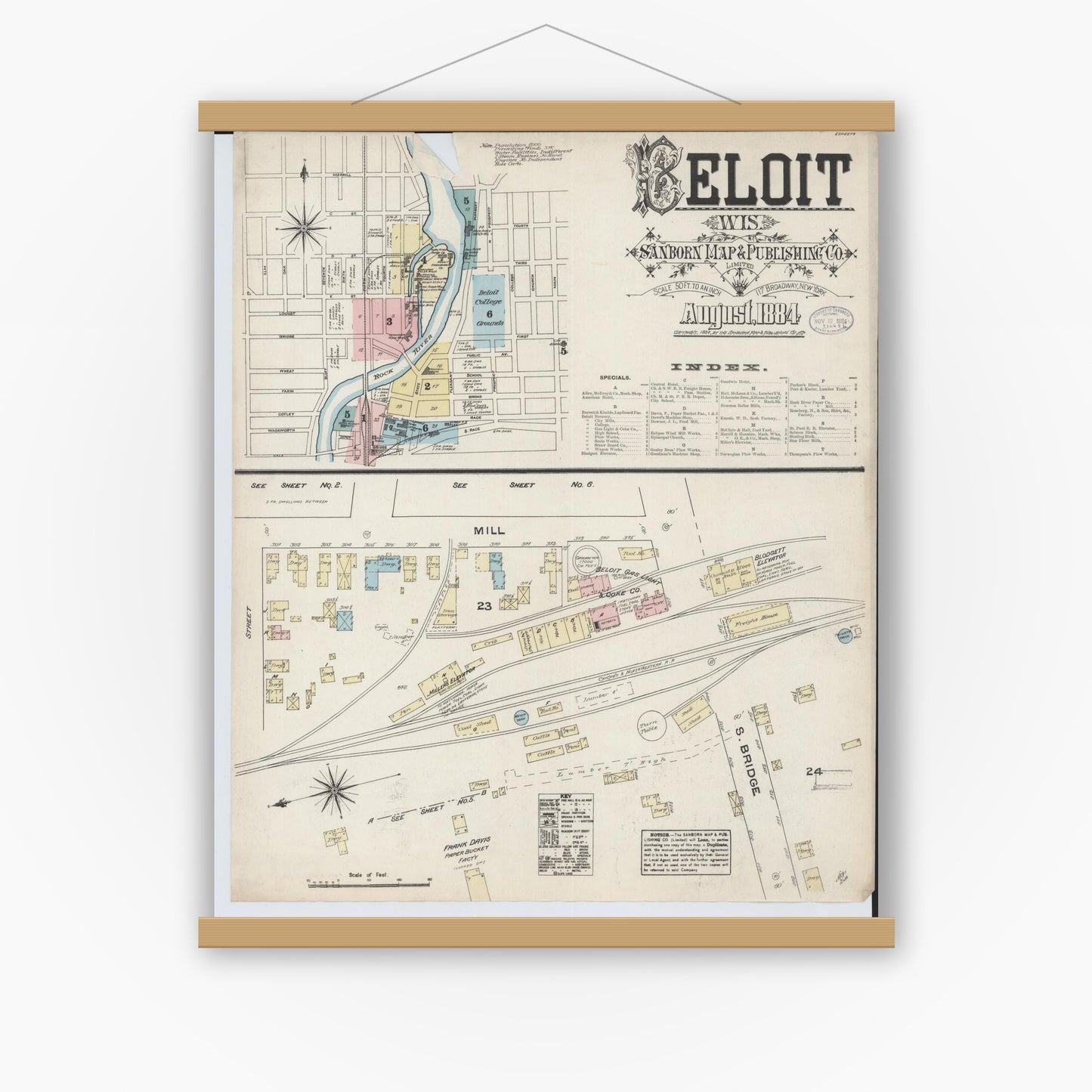 Old map wall art mockup — magnetic wood frame on white wall — Sanborn Fire Insurance Map from Beloit, Rock County, Wisconsin (1884), Sheet #0001
