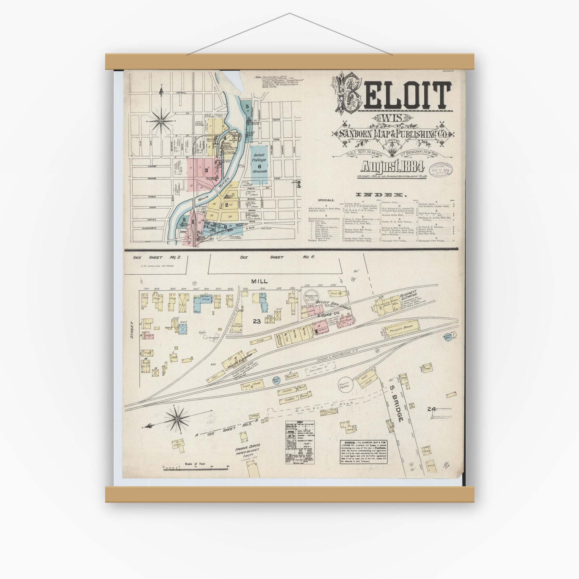 Old map wall art mockup — magnetic wood frame on white wall — Sanborn Fire Insurance Map from Beloit, Rock County, Wisconsin (1884), Sheet #0001