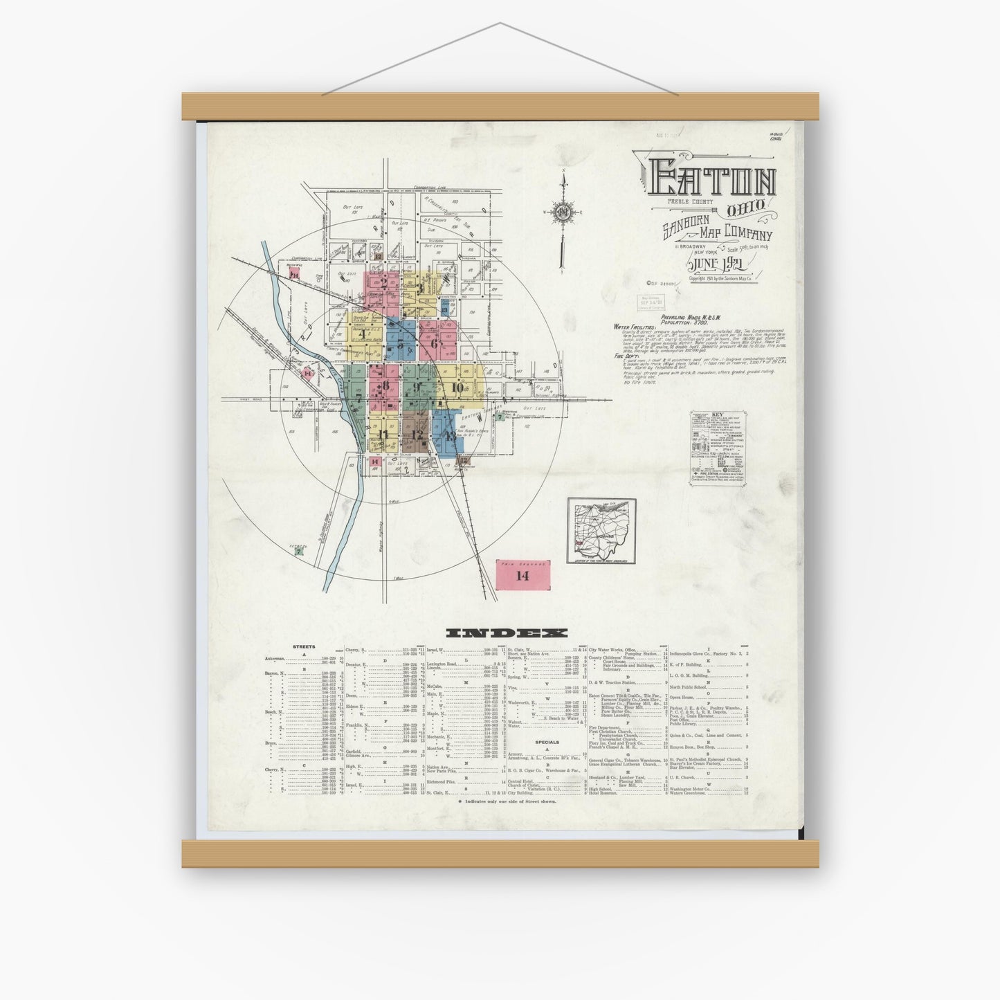 Old map wall art mockup — magnetic wood frame on white wall — Sanborn Fire Insurance Map from Eaton, Preble County, Ohio (1921), Sheet #0001